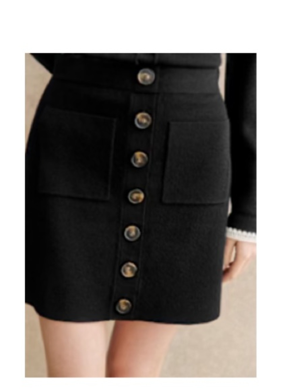 Sezane Louisa Black Knit Mini Skirt with Front Buttons